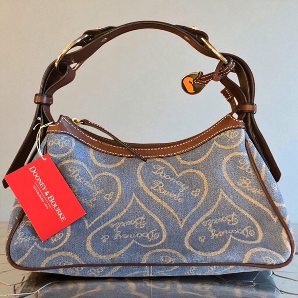 NWT Vintage Dooney & Bourke Heart Logo Denim Canvas Leather Hobo Shoulder Bag - Picture 1 of 8